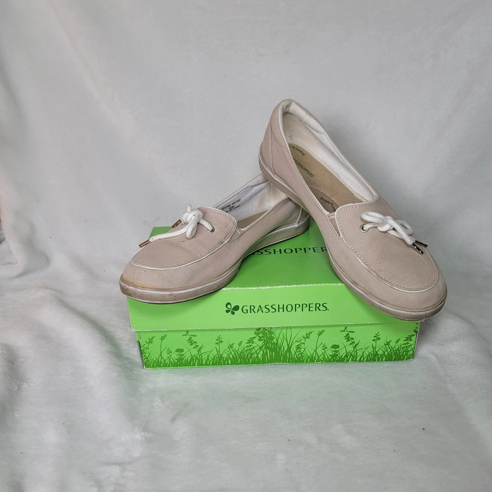 Grasshoppers Coastal Canvas Boat Shoes Beige Comfy Slip On Loafer Size 8.5 M